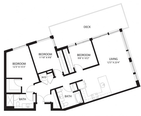 Floor plan for 3 beds, 2 baths, 1306 sqft